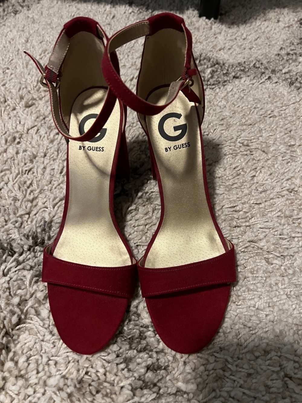 G by Guess Burgundy-Red Open-Toe Ankle-Strap Block Heels